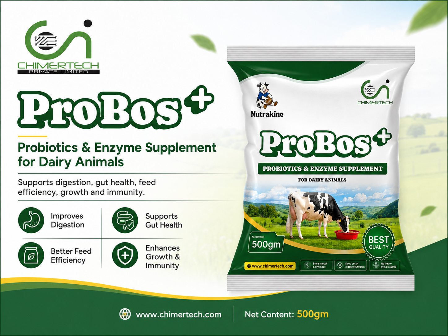 Probos+ probiotics and enzyme supplement for dairy animals by Chimertech | Cattle digestion supplement | गाय प्रोबायोटिक सप्लीमेंट | மாடு புரோபயாட்டிக் சப்பிளிமெண்ட்