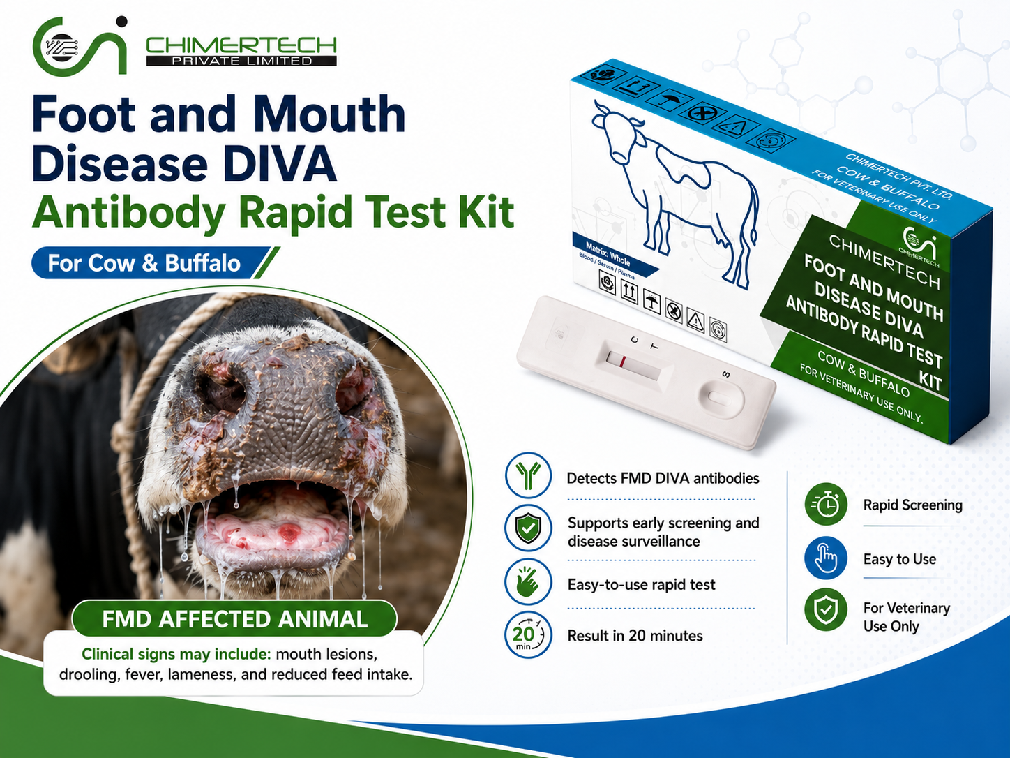 FMD DIVA Antibody Rapid Test Kit for cow and buffalo, cattle foot and mouth disease screening, மாடு எருமை FMD கிட், गाय भैंस FMD टेस्ट किट.