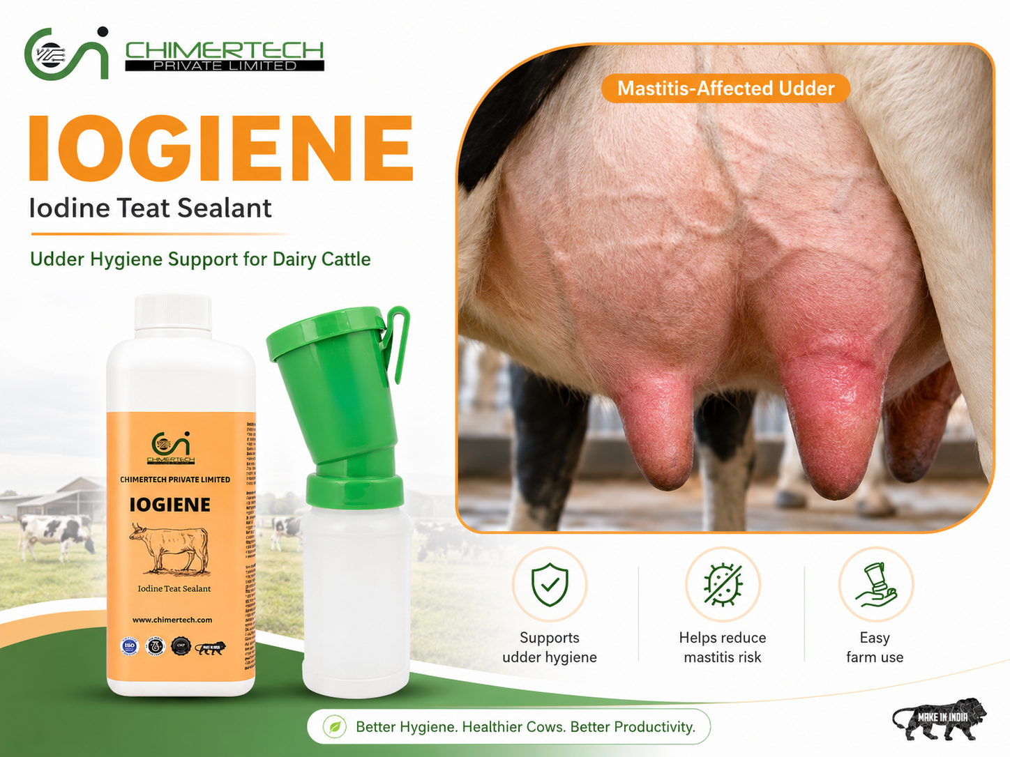 Iogiene iodine teat sealant poster showing mastitis affected udder, teat dip cup, dairy cow udder hygiene support, mastitis prevention for cattle and buffalo, மாடு மடிநோய் தடுப்பு, गाय में थनैला रोकथाम.
