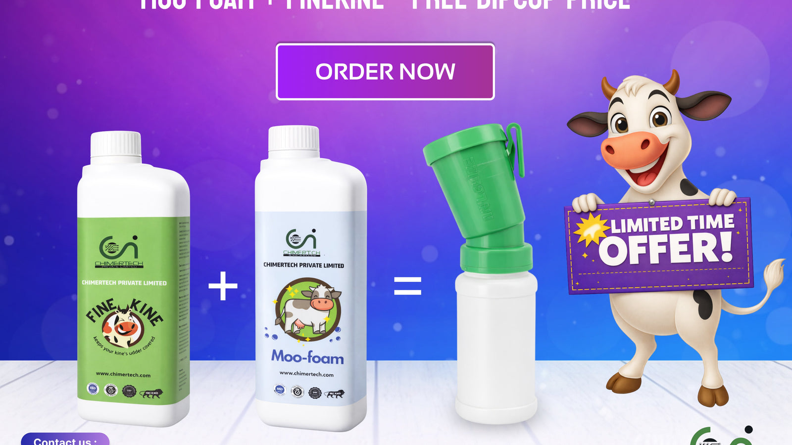 Advertisement for Pashu Central combo offer with two bottles and a dipcup on a purple background.